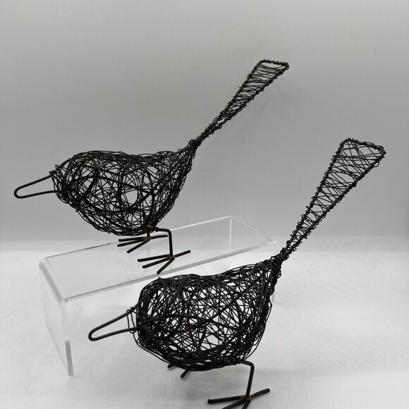 Set Of 2 Handcrafted Black Iron Wire Woven 7" Bird Sculptures Metal Art Decor - Picture 1 of 10